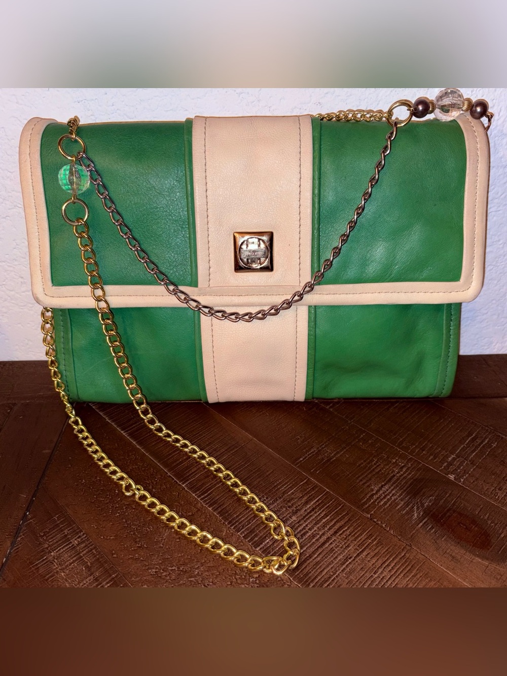 Kate Spade New York PXRU0949 Green & Cream Leather Clutch Shoulder Bag